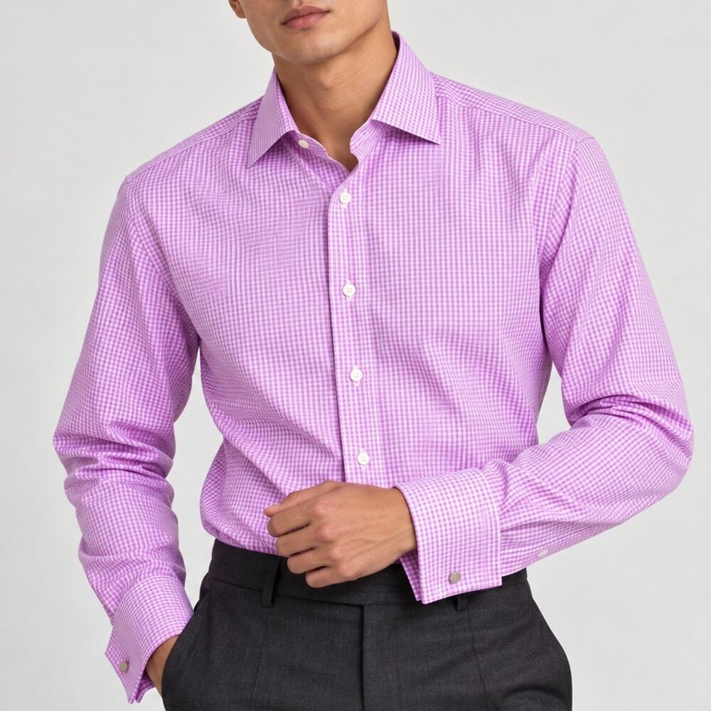Suitsupply Extra Slim French Cuff Dress Shirt Purple Gingham Check Size 17